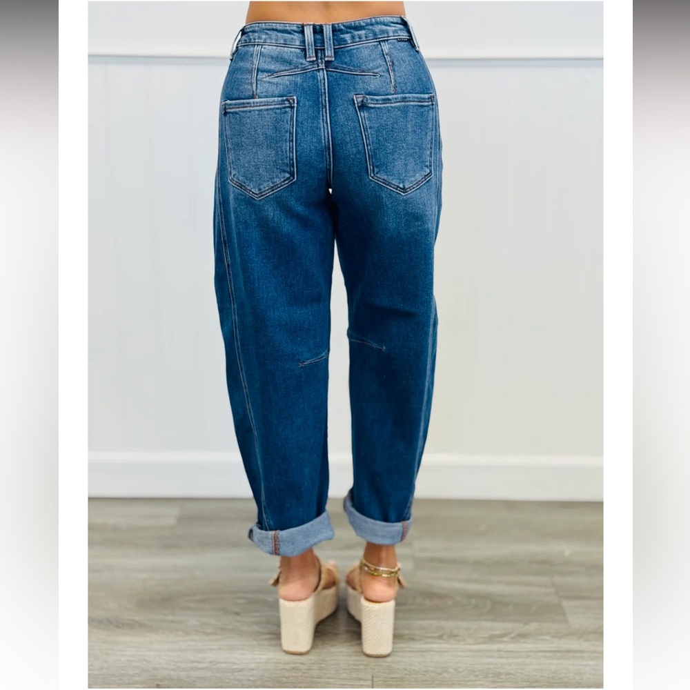 Risen High Rise Dark Wash Boyfriend Cuffed Barrel Jeans - Picture 2 of 2